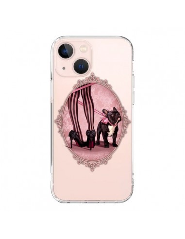 Coque iPhone 13 Mini Lady Jambes Chien Bulldog Dog Rose Pois Noir Transparente - Maryline Cazenave