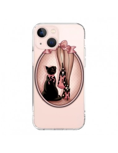 Coque iPhone 13 Mini Lady Chat Noeud Papillon Pois Chaussures Transparente - Maryline Cazenave