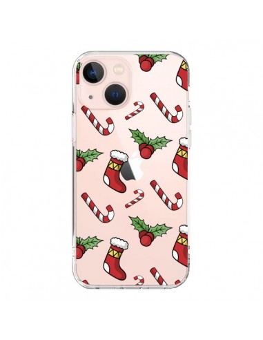 Coque iPhone 13 Mini Chaussette Sucre d'Orge Houx de Noël transparente - Nico
