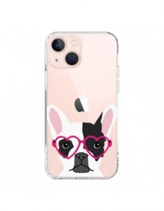 Coque iPhone 13 Mini Bulldog Français Lunettes Coeurs...