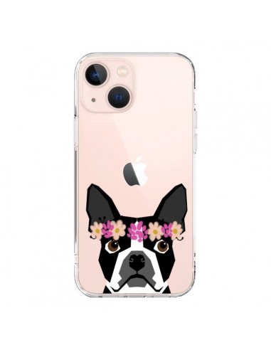Coque iPhone 13 Mini Boston Terrier Fleurs Chien Transparente - Pet Friendly