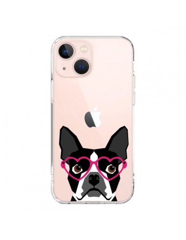 Coque iPhone 13 Mini Boston Terrier Lunettes Coeurs Chien Transparente - Pet Friendly