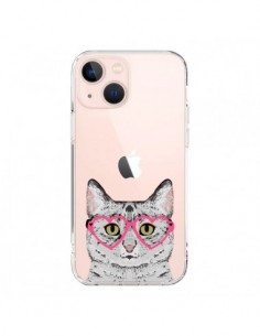 Coque iPhone 13 Mini Chat Gris Lunettes Coeurs...