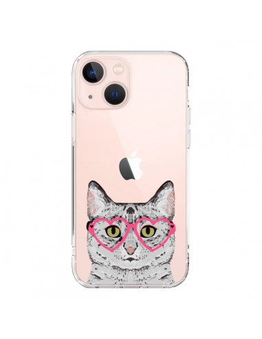 Coque iPhone 13 Mini Chat Gris Lunettes Coeurs Transparente - Pet Friendly