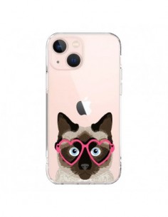 Cover iPhone 13 Mini Gatto Marrone Occhiali Cuori...