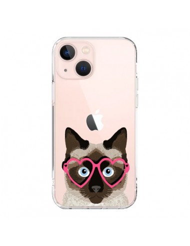 Coque iPhone 13 Mini Chat Marron Lunettes Coeurs Transparente - Pet Friendly