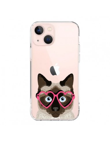 Cover iPhone 13 Mini Gatto Marrone Occhiali Cuori Trasparente - Pet Friendly