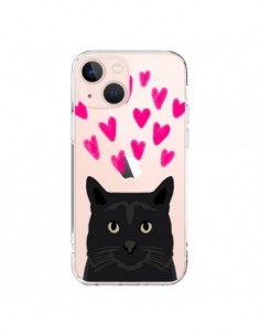 Coque iPhone 13 Mini Chat Noir Coeurs Transparente - Pet...