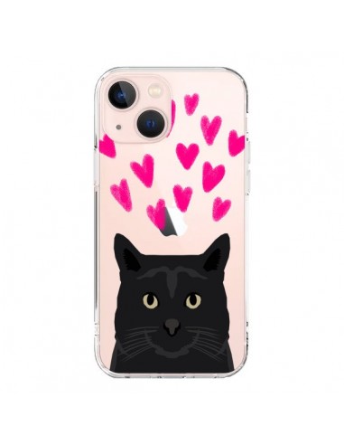 Coque iPhone 13 Mini Chat Noir Coeurs Transparente - Pet Friendly