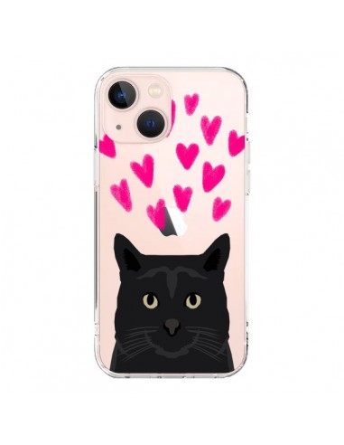 Cover iPhone 13 Mini Gatto Nero Cuori Trasparente - Pet Friendly