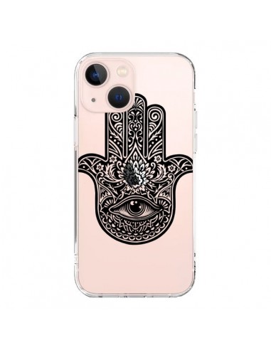 Cover iPhone 13 Mini Hamsa Cinque Dita Mano Cattiva Occhio Trasparente - Rachel Caldwell