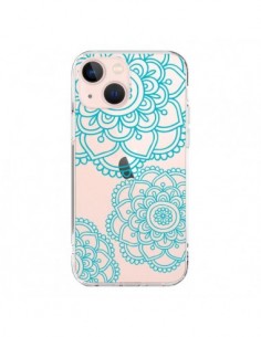 Coque iPhone 13 Mini Mandala Bleu Aqua Doodle Flower...