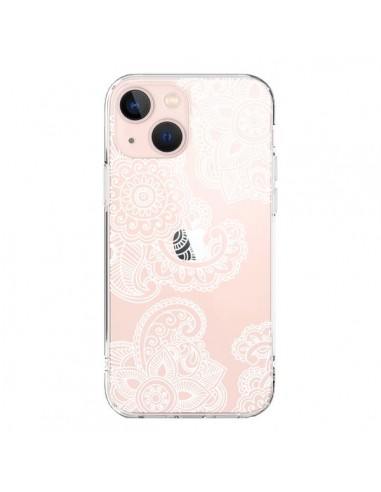 Cover iPhone 13 Mini Lacey Paisley Mandala Bianco Fiori Trasparente - Sylvia Cook