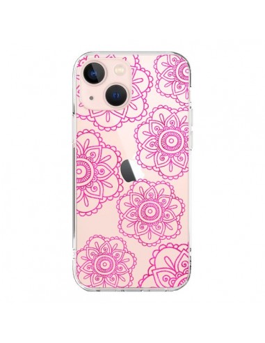Coque iPhone 13 Mini Pink Doodle Flower Mandala Rose Fleur Transparente - Sylvia Cook