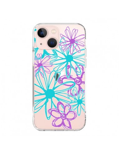Coque iPhone 13 Mini Turquoise and Purple Flowers Fleurs Violettes Transparente - Sylvia Cook