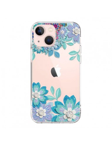 Coque iPhone 13 Mini Winter Flower Bleu, Fleurs d'Hiver Transparente - Sylvia Cook