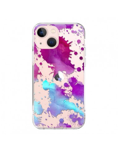 Coque iPhone 13 Mini Watercolor Splash Taches Bleu Violet Transparente - Sylvia Cook