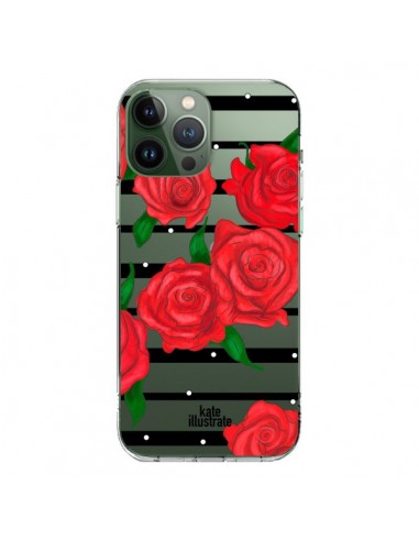 Coque iPhone 13 Pro Max Red Roses Rouge Fleurs Flowers Transparente - kateillustrate