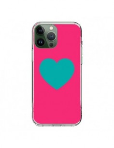 Coque iPhone 13 Pro Max Coeur Bleu Fond Rose - Laetitia