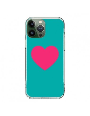 Coque iPhone 13 Pro Max Coeur Rose Fond Bleu  - Laetitia