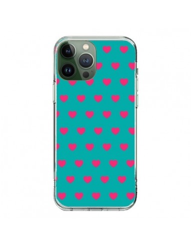 Coque iPhone 13 Pro Max Coeurs Roses Fond Bleu - Laetitia