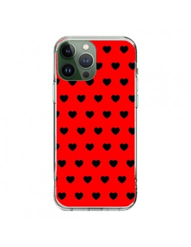 Coque iPhone 13 Pro Max Coeurs Noirs Fond Rouge - Laetitia