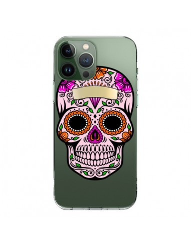 Coque iPhone 13 Pro Max Tête de Mort Mexicaine Noir Rose Transparente - Laetitia
