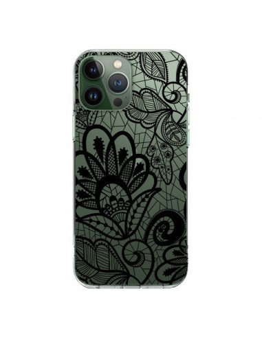 Cover iPhone 13 Pro Max Pizzo Fiori Flower Nero Trasparente - Petit Griffin