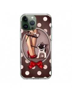 Coque iPhone 13 Pro Max Lady Jambes Chien Dog Pois Noeud...
