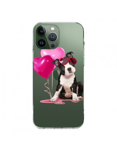 Cover iPhone 13 Pro Max Cane Dog Palloncini Occhiali Cuore Rosa Trasparente - Maryline Cazenave