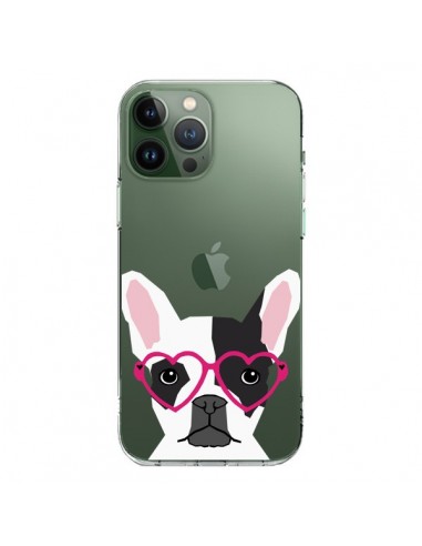 Coque iPhone 13 Pro Max Bulldog Français Lunettes Coeurs Chien Transparente - Pet Friendly