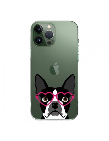 Coque iPhone 13 Pro Max Boston Terrier Lunettes Coeurs Chien Transparente - Pet Friendly