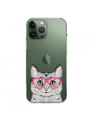 Cover iPhone 13 Pro Max Gatto Grigio Occhiali Cuori Trasparente - Pet Friendly