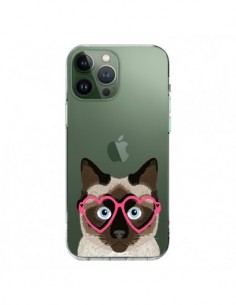 Coque iPhone 13 Pro Max Chat Marron Lunettes Coeurs...