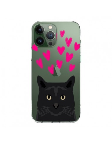 Coque iPhone 13 Pro Max Chat Noir Coeurs Transparente - Pet Friendly
