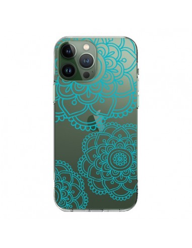 Coque iPhone 13 Pro Max Mandala Bleu Aqua Doodle Flower Transparente - Sylvia Cook