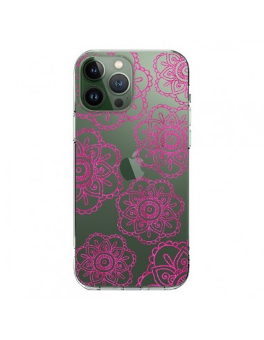 Coque iPhone 13 Pro Max Pink Doodle Flower Mandala Rose Fleur Transparente - Sylvia Cook