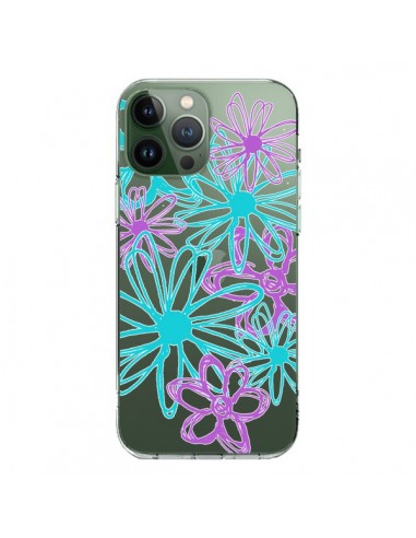 Coque iPhone 13 Pro Max Turquoise and Purple Flowers Fleurs Violettes Transparente - Sylvia Cook