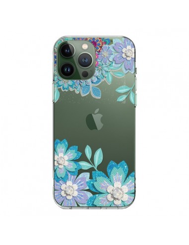 Coque iPhone 13 Pro Max Winter Flower Bleu, Fleurs d'Hiver Transparente - Sylvia Cook