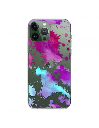 Coque iPhone 13 Pro Max Watercolor Splash Taches Bleu Violet Transparente - Sylvia Cook