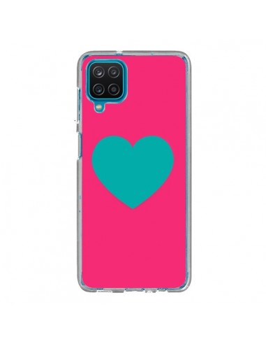 Coque Samsung Galaxy A12 et M12 Coeur Bleu Fond Rose - Laetitia