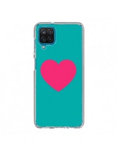 Coque Samsung Galaxy A12 et M12 Coeur Rose Fond Bleu  -...