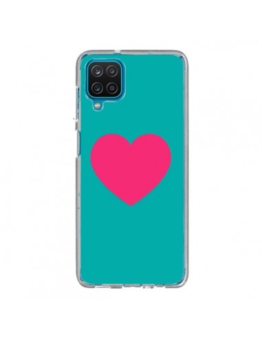 Coque Samsung Galaxy A12 et M12 Coeur Rose Fond Bleu  - Laetitia