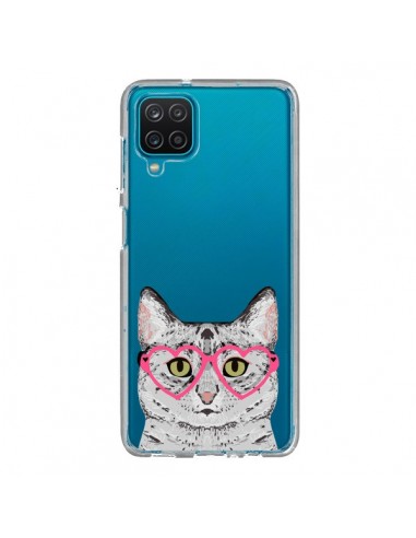 Coque Samsung Galaxy A12 et M12 Chat Gris Lunettes Coeurs Transparente - Pet Friendly