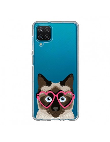 Coque Samsung Galaxy A12 et M12 Chat Marron Lunettes Coeurs Transparente - Pet Friendly