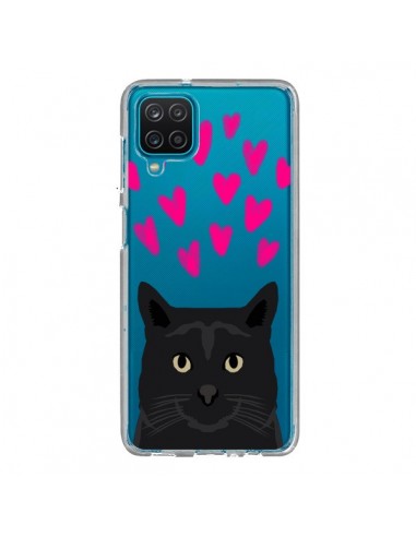 Coque Samsung Galaxy A12 et M12 Chat Noir Coeurs Transparente - Pet Friendly