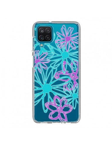 Coque Samsung Galaxy A12 et M12 Turquoise and Purple Flowers Fleurs Violettes Transparente - Sylvia Cook