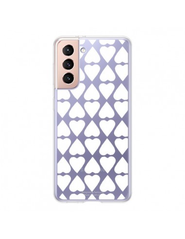 Coque Samsung Galaxy S21 5G Coeurs Heart Blanc Transparente - Project M