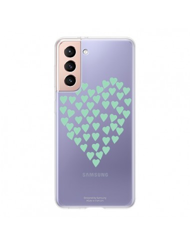Coque Samsung Galaxy S21 5G Coeurs Heart Love Mint Bleu Vert Transparente - Project M