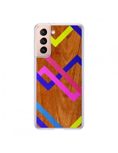 Coque Samsung Galaxy S21 5G Pink Yellow Wooden Bois Azteque Aztec Tribal - Jenny Mhairi